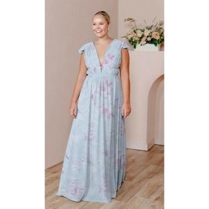 Revelry Cora Maxi Dress Blue Floral Cap Sleeve Chiffon Womens Size 16